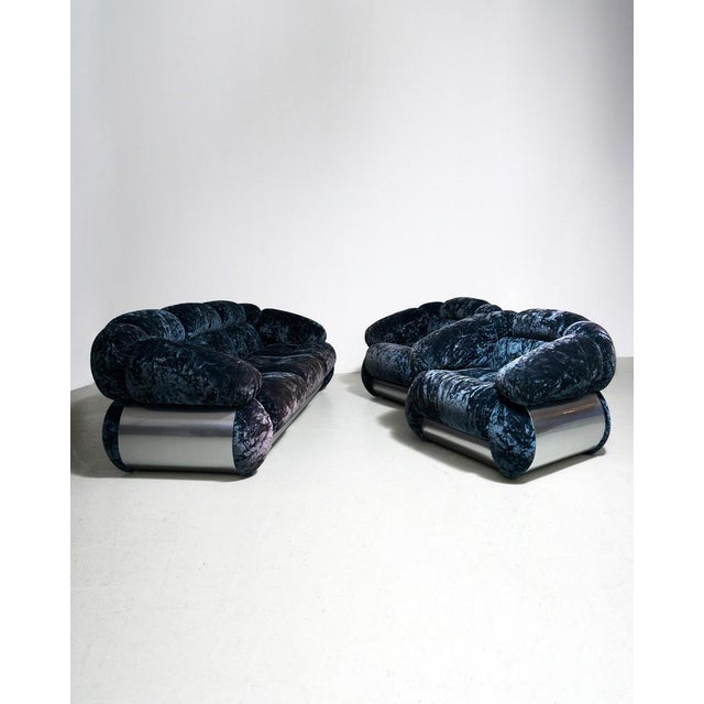 Blue velvet seating group by Piazzesi. Amazing contrast between velvet and metallic parts. So comfortable ! Really good...