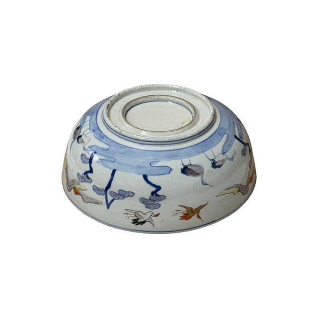 9.5" Asian Style Longevity Cranes Cloud Painted Porcelain Art Bowl For Sale - Image 10 of 14