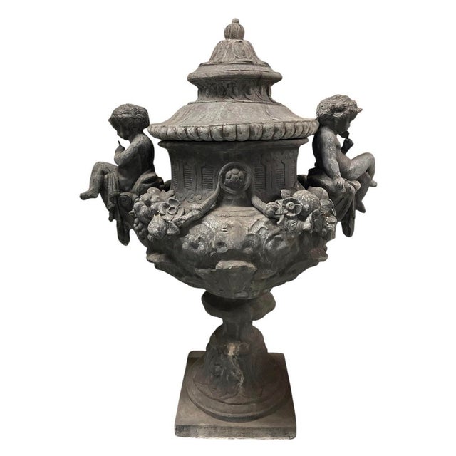 A Pair of Monumental 19th-Century Style English Cast Lead Garden Urns With Lids & Putti For Sale - Image 4 of 12