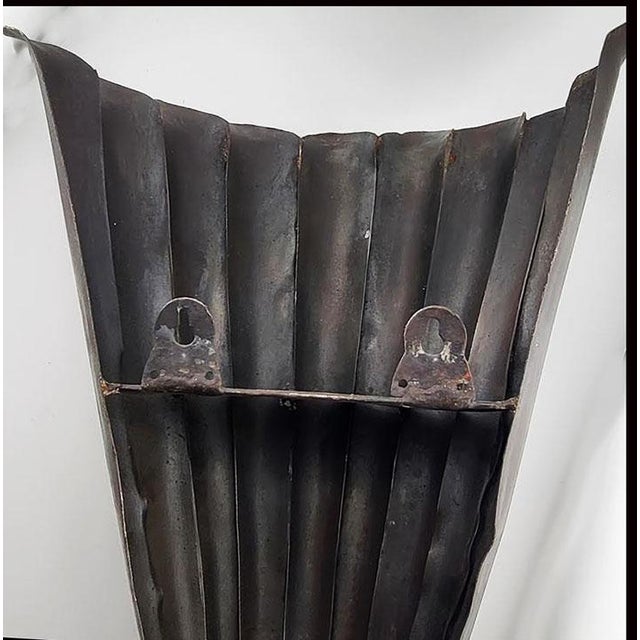 1960s Large Vintage Rusty Metal Fluted Torchiere Wall Pocket Bracket Sconces - A Pair For Sale - Image 5 of 6