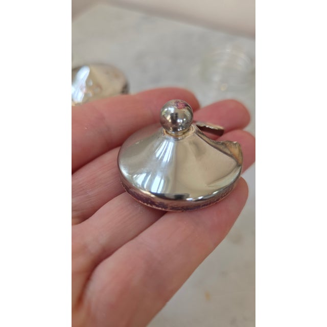 Silver Vintage Patterned Glass and Silver-Plated Condiment Set With Lucite Spoon For Sale - Image 8 of 17