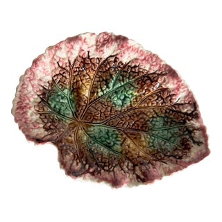 Antique Majolica Leaf-Form Dish – Rose, Cream & Moss Green Textured Ceramic Plate For Sale