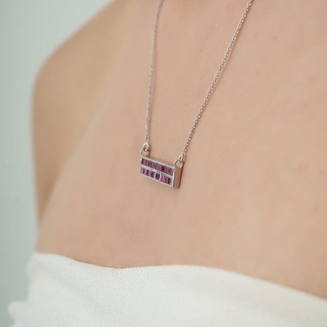 Not Yet Made - Made To Order 2.81 Ct Double Row Ruby Bar Necklace Pendant in Sterling Silver - Caratandher For Sale - Image 5 of 15