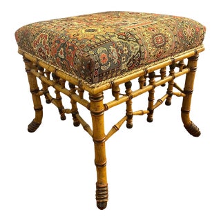 Vintage Faux Bamboo Upholstered Hickory Furniture Ottoman/ Stool For Sale