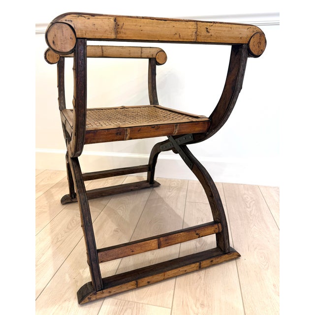 Vintage Bamboo Rattan Savonarola Style Bench For Sale - Image 9 of 12