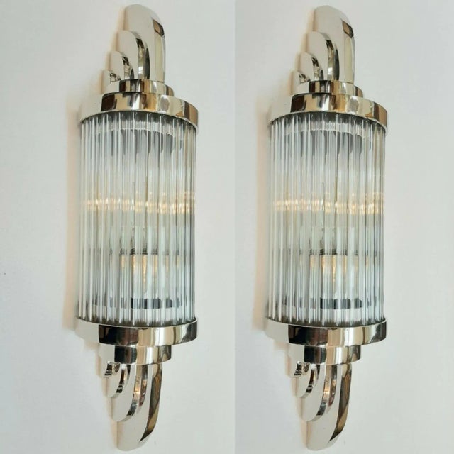 Art Deco Vintage Art Deco Skyscraper Wall Sconces Fixture in Nickel Brass & Glass - a Pair For Sale - Image 3 of 6