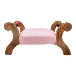 Vintage Pink Linen Upholstered Wood Footstool For Sale