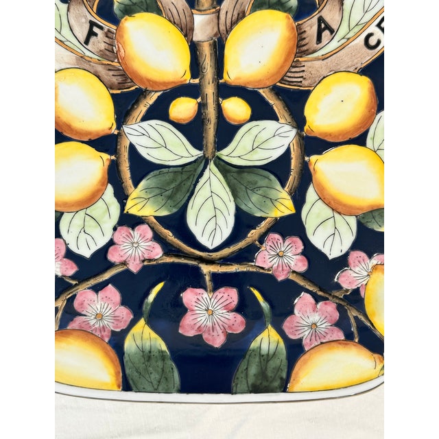 Black Late 20th Century Majolica Acqua Fa Cedra Raised Relief Lemon Flower Leaves Large Platter For Sale - Image 8 of 8
