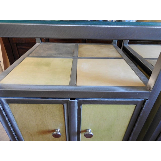 Green Pair of Venezia Furniture Industrial Modern Steel & Stained Wood Nightstands / End Tables With Glass Tops For Sale - Image 8 of 16