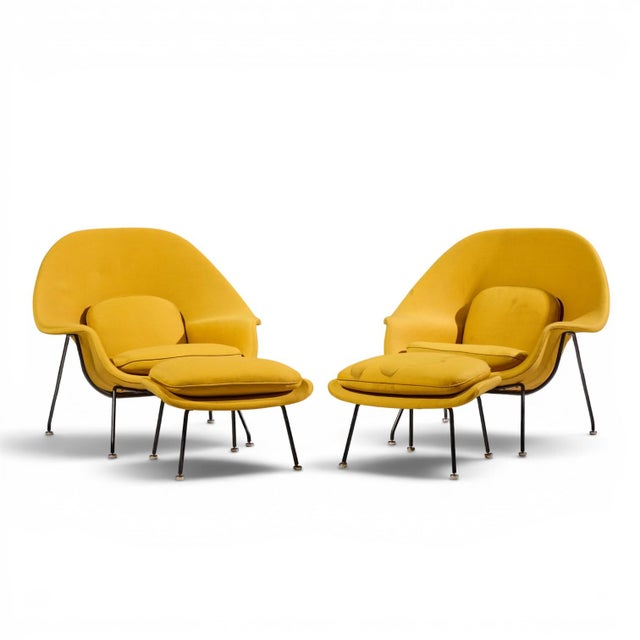 Eero Saarinen for Knoll Mid Century Womb Lounge Chairs with Ottomans - Pair Each chair measures: 39 wide x 35 deep x 36...