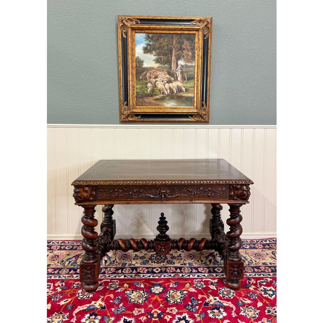 BEAUTIFUL Antique French Walnut Henri II Style Renaissance Revival Writing Desk or Table with Drawer and Barley Twist Legs...