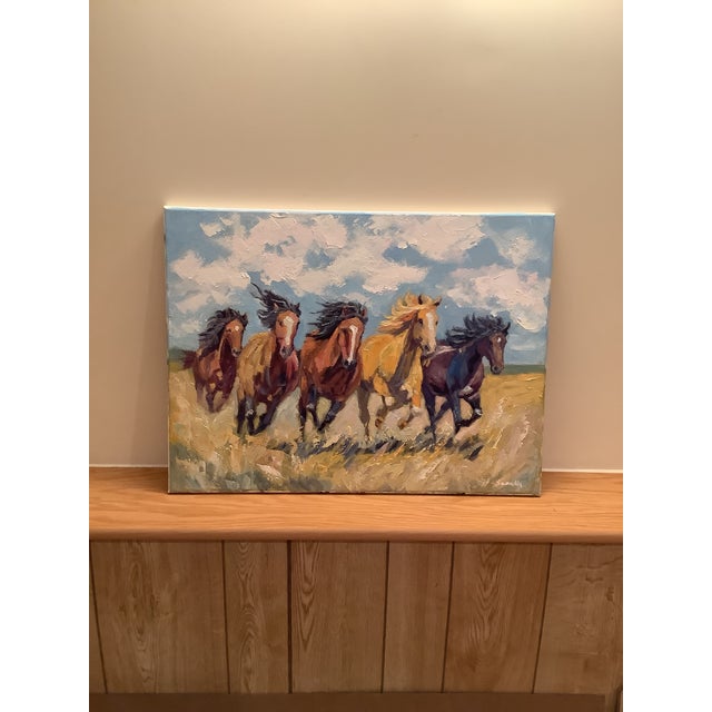 Yellow Sean Wu Original Oil Painting of Wild Horses For Sale - Image 8 of 9