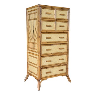 Vintage Rising Sun Rattan & Woven Lingerie Chest – Seven Drawer Tall Chest For Sale