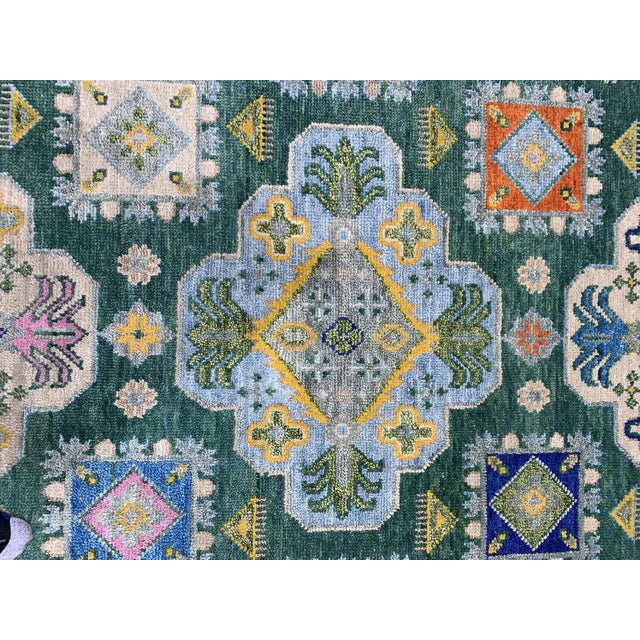 2020s 9x12 Isla Kazak Green Geometric Medallion Modern Hand Knotted Wool Carpet Rug For Sale - Image 5 of 5
