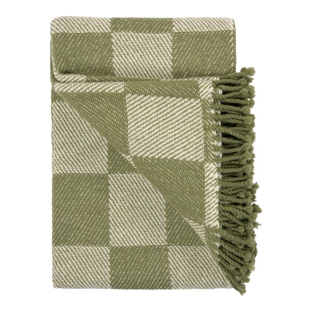 Bellani Hunter Green Checkered Merino Wool Throw Blanket with Fringe Trim For Sale