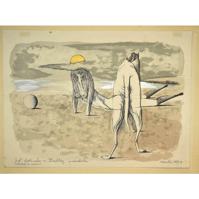 Lying Woman is an original lithograph on paper artwork realized by Sergio Vacchi in 1973. Hand-signed and dated on the...