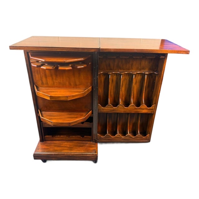 Attributed Theodore Alexander Mahogany Rolling Bar Cabinet With Etched Brass Panels For Sale