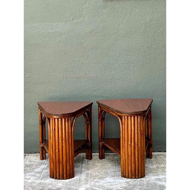 Vintage Rattan Pie Slice Side Tables After Frankl For Sale - Image 12 of 15