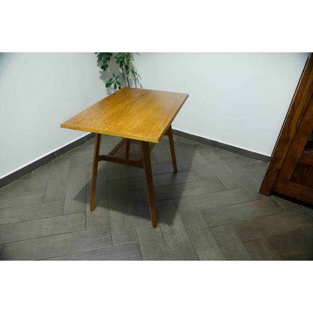 Brussels Table with Red Woven Shelf by Dřevopodnik Holešov, 1960s For Sale - Image 6 of 14