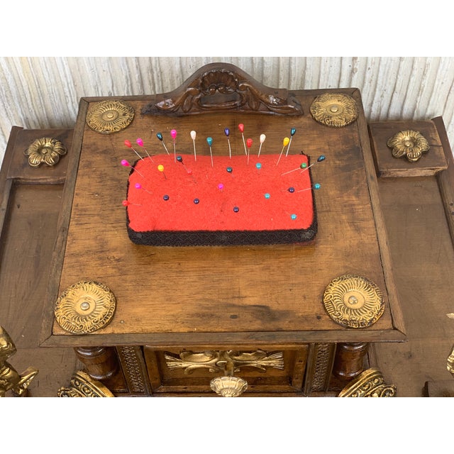 Bronze 19th Century Spanish Victorian Carved Walnut and Bronze Reliefs Sewing Table For Sale - Image 8 of 11