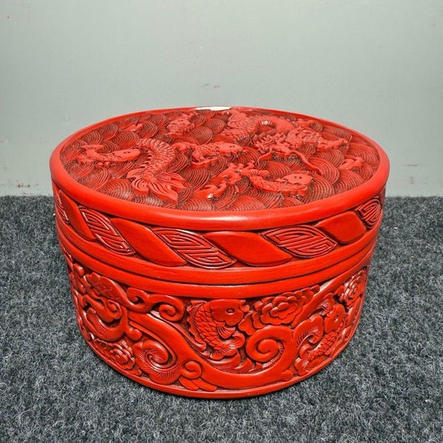 1970s Carved Cinnabar Lacquer Round Box, Dragon and Carp Among Waves, Lidded Scholar's Seal Paste Box For Sale In Los Angeles - Image 6 of 9