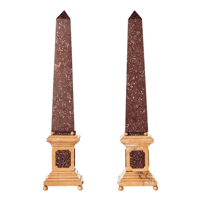A Pair of Grand Tour Porphyry and Sienna Marble Obelisks, Italian, 19th Century For Sale