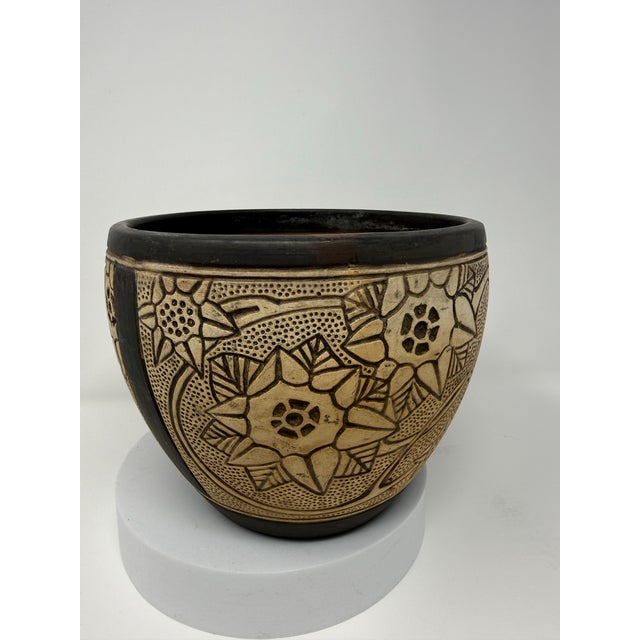 Tan Antique Weller Burntwood Arts & Crafts Floral Pottery Jardiniere, Circa 1910 For Sale - Image 8 of 12
