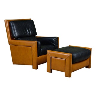 Roche Bobois Two Tone Leather Lounge Chair and Ottoman For Sale