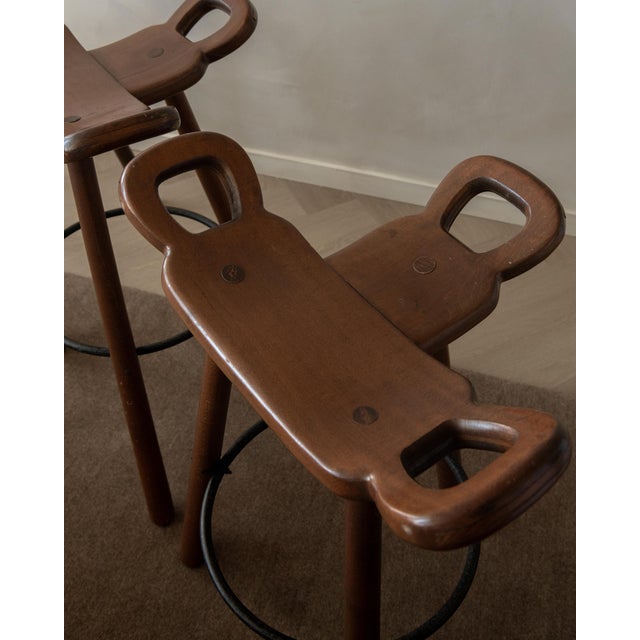 Vintage Spanish Brutalist Wooden Marbella Bar Stools from Confonorm, 1970s, Set of 3 For Sale - Image 9 of 18