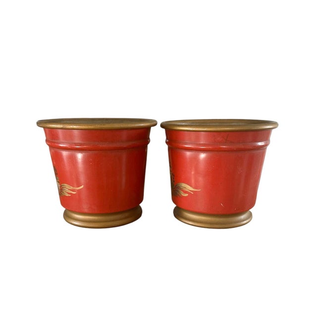 Metal Vintage French Tole Chinoiserie Gilt & Orange Cache Pot / Jardinere / Planter, a Pair For Sale - Image 7 of 10