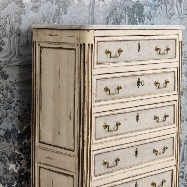 18th C. French Painted Tall Chest of Drawers With Original Marble Top For Sale - Image 9 of 16