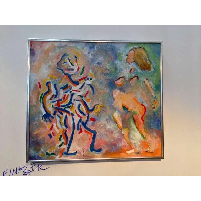 A whimsical abstract painting in a silver frame signed lower right Finkler 8?.
