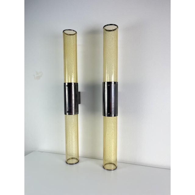 Long Double-Light Wall Lamps in Murano Glass and Steel, 1980s, Set of 2 For Sale - Image 4 of 12