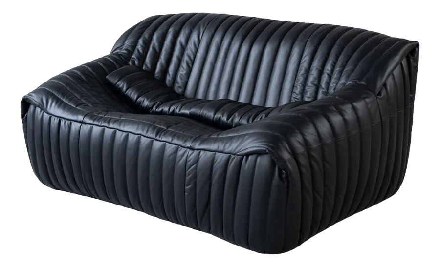 Cinna Ligne Roset Black Leather 2-Seater attributed to Annie