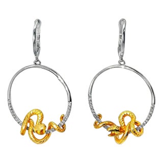 Late 20th Century 14K Two Tone Gold Diamond Snake Animal Loop Earrings Estate, Pair For Sale