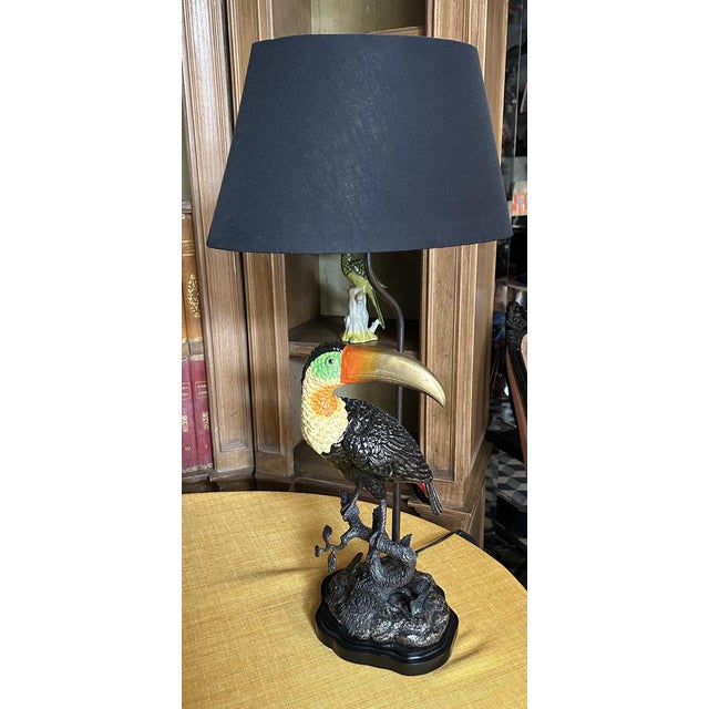 Porcelain and Bronze Toucan Lamp with Oval Right Lampshade by Gand & C For Sale - Image 4 of 6