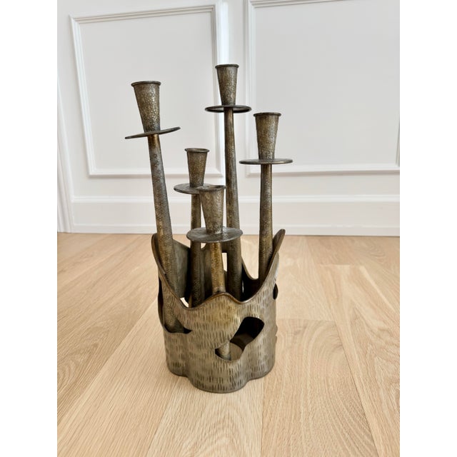 1970s Italian Brutalist Gilded Pewter 5-Arm Candelabra /Sculpture – Prof. Ceccherini For Sale - Image 12 of 12