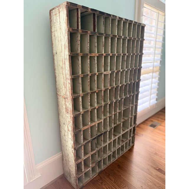 Antique Industrial Wooden Printer’s Type Case Cabinet With 120 Compartments – Original Painted Finish For Sale - Image 4 of 6