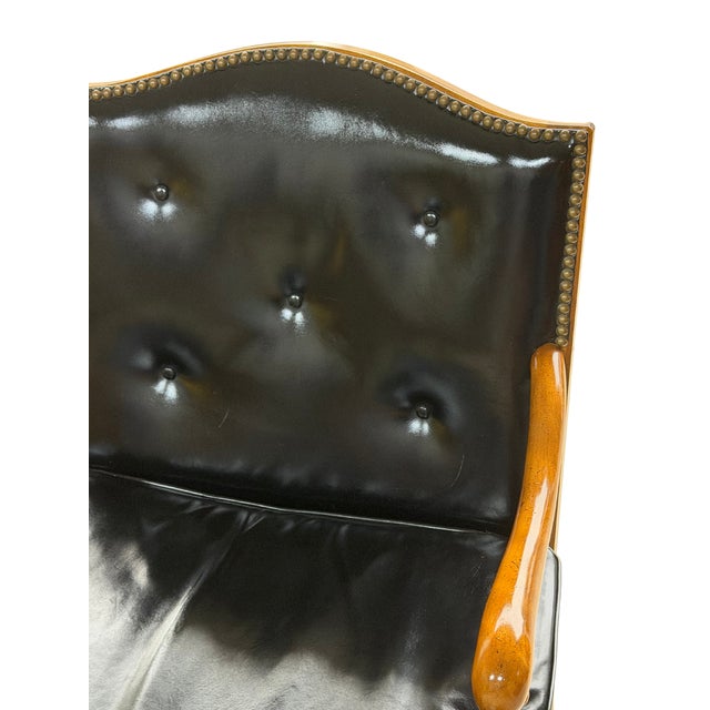 Vintage Barnard & Simonds Black Leather Armchair | 1960s American Traditional | Button-Tufted Leather & Bobbin-Turned Wood For Sale - Image 17 of 18