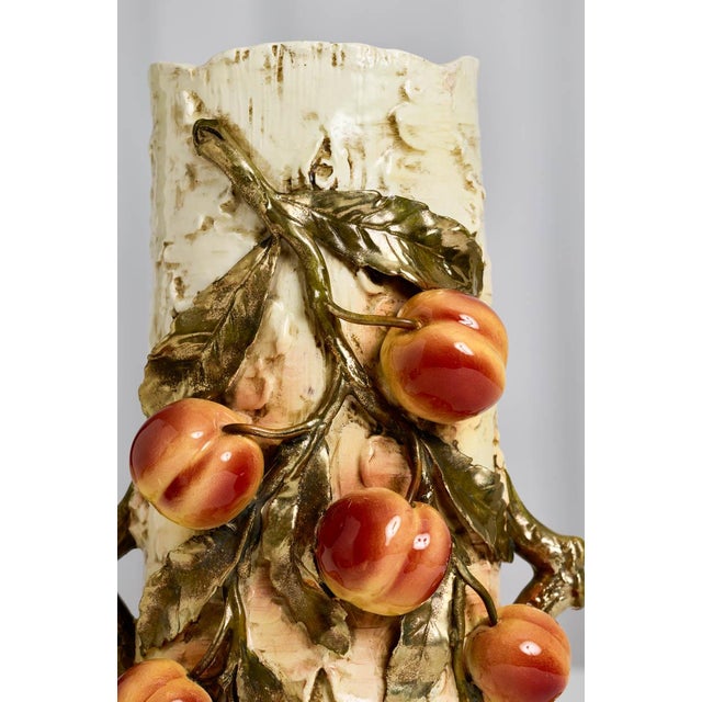 Victorian Monumental Art Nouveau Josef Strnact Majolica Vase With Peaches, Bohemia For Sale - Image 3 of 8
