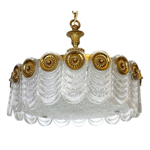 Brass and Glass 4-Light Chandelier from Kaiser-Leuchten, 1940s For Sale