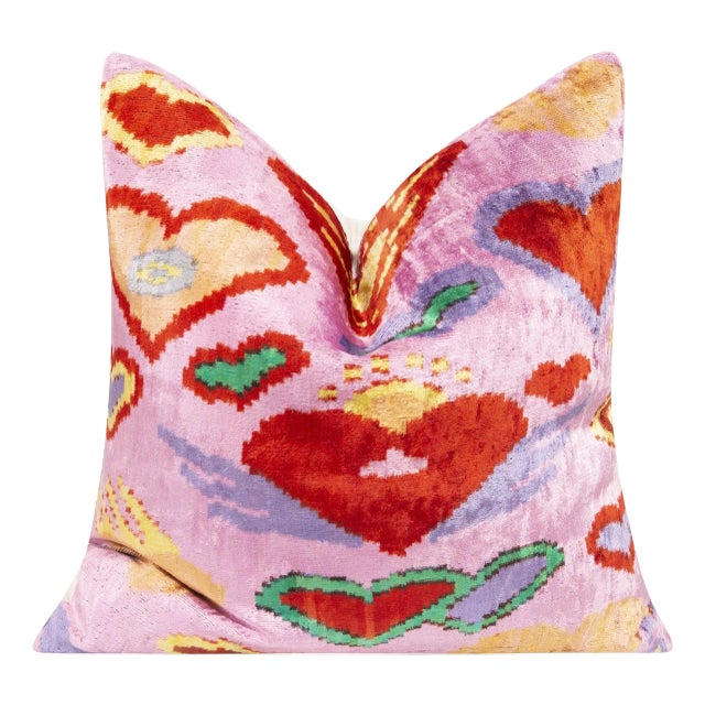 Handmade Silk Velvet Throw Pillow 20x20 in - Pink & Red Heart Pattern With Down Feather Insert For Sale