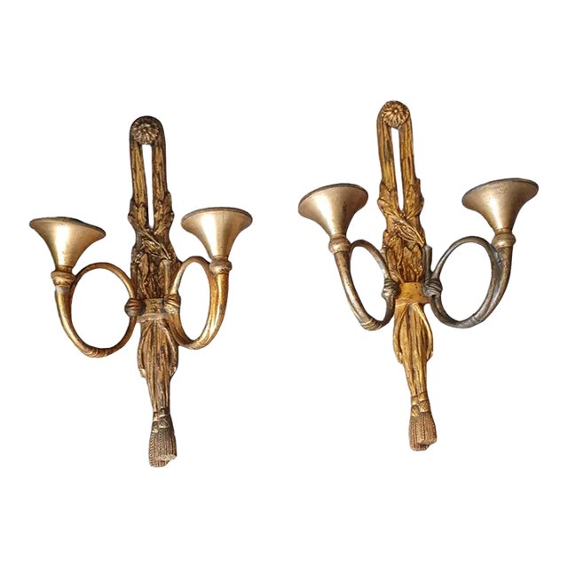 Vintage Pair of Gilt Bronze Sconce Candelabras For Sale