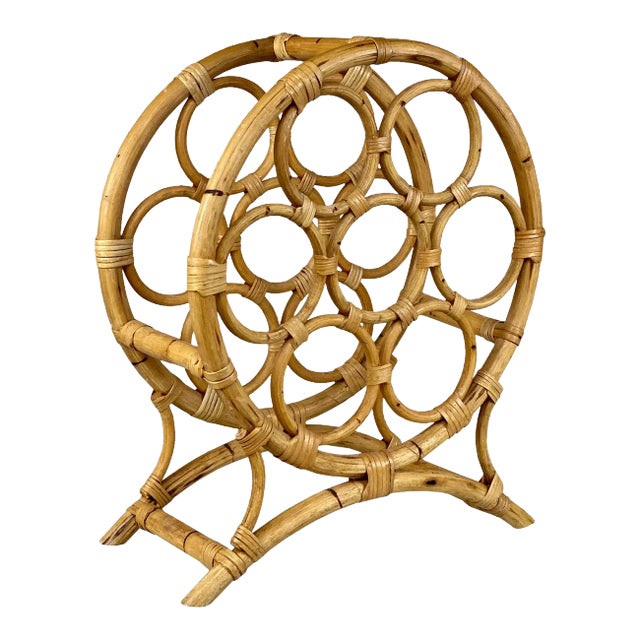 Vintage Coastal Boho Rattan Sculptural Bamboo 7-Bottle Wine Rack For Sale