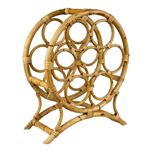 Vintage Coastal Boho Rattan Sculptural Bamboo 7-Bottle Wine Rack