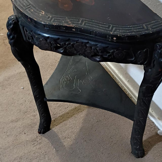 1970s 1970s Asian Carved Dragon Wood Console Table Glossy Black/Red Triangular 28 X 15 X 27 For Sale - Image 5 of 5