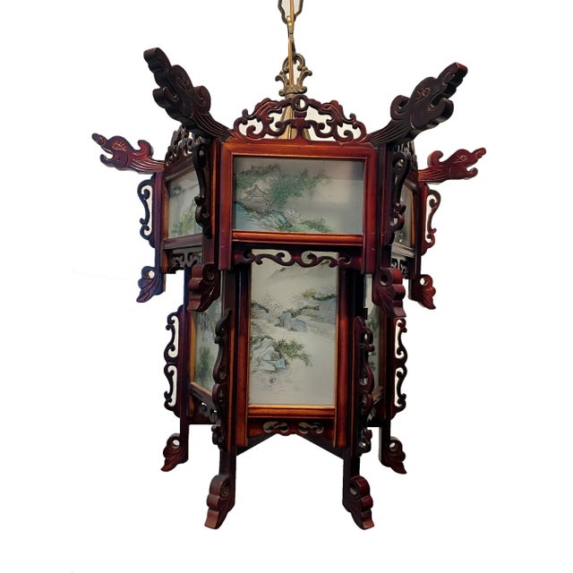 Asian Small Wood & Scenic Glass Pendant For Sale In Los Angeles - Image 6 of 6