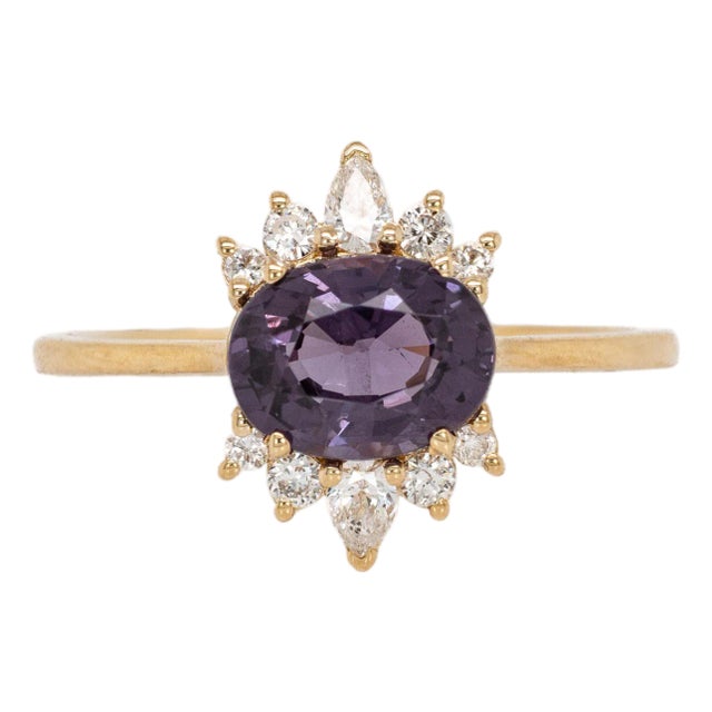 8x6mm, 1.6cts Purple Spinel Ring W Earth Mined Diamonds in Solid 14k Yellow Gold, Size 6.75 For Sale