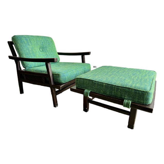 Ficks Reed Lounge Chair With Ottoman C. 1960’s Very Good Condition Dark Wood Green Cushions For Sale