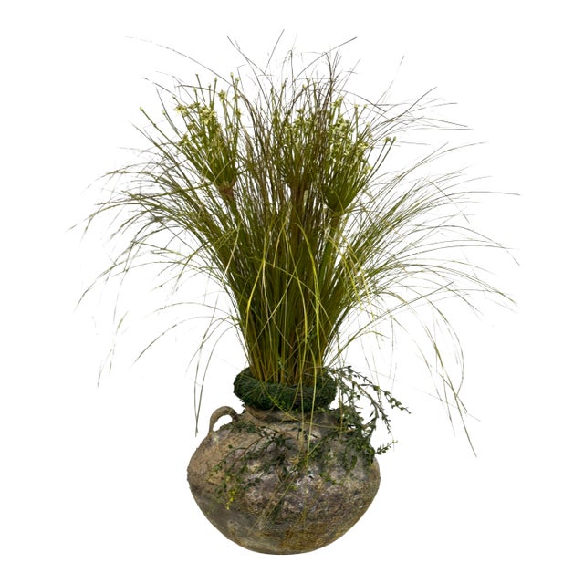 Mid-Century Modern Marmite Faux Grass Arrangement, Vintage For Sale